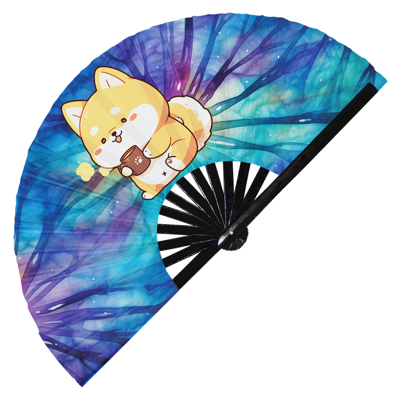 Cute Funny Dog Drinking Coffee Caffeine Cup Fat Puppy | Hand Fan foldable bamboo gifts Festival accessories Rave handheld event