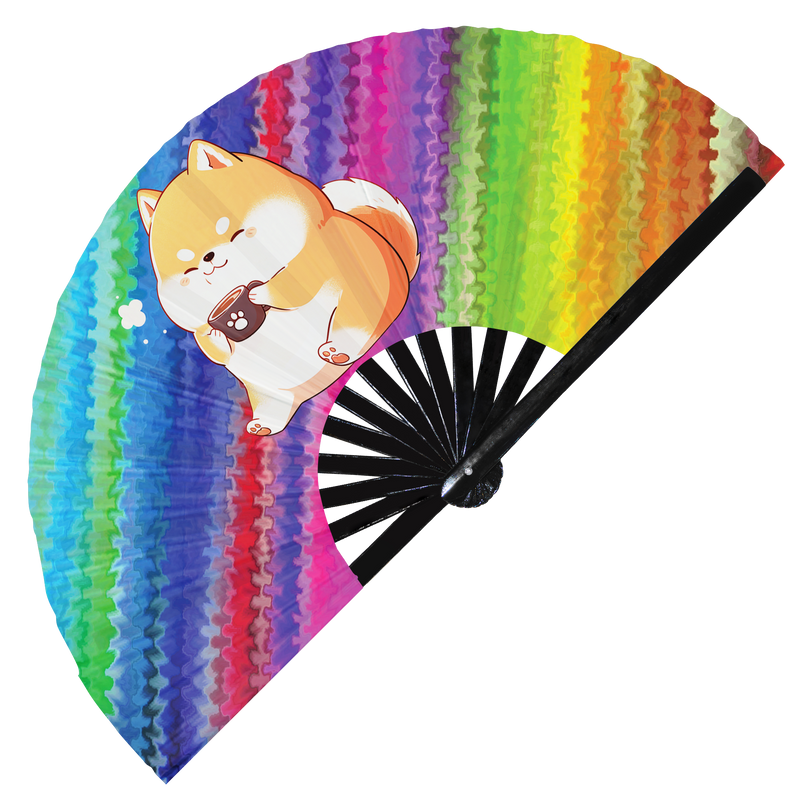 Cute Funny Dog Drinking Coffee Caffeine Cup Fat Puppy | Hand Fan foldable bamboo gifts Festival accessories Rave handheld event