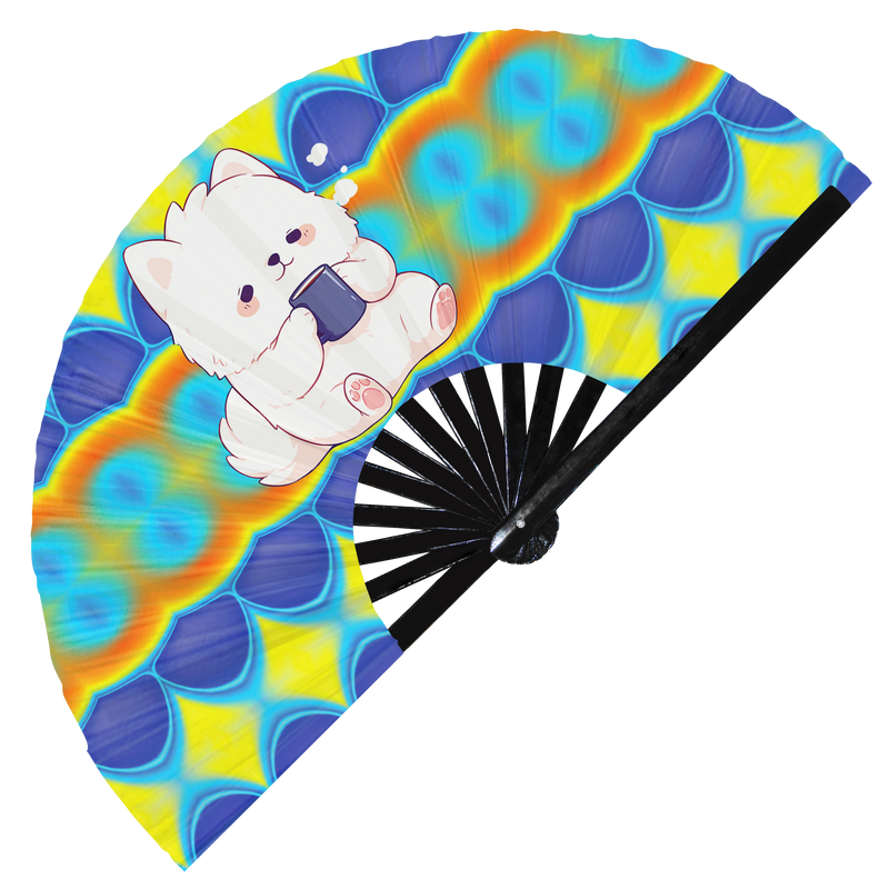 Cute Funny Dog Drinking Coffee Caffeine Cup Fat Puppy | Hand Fan foldable bamboo gifts Festival accessories Rave handheld event