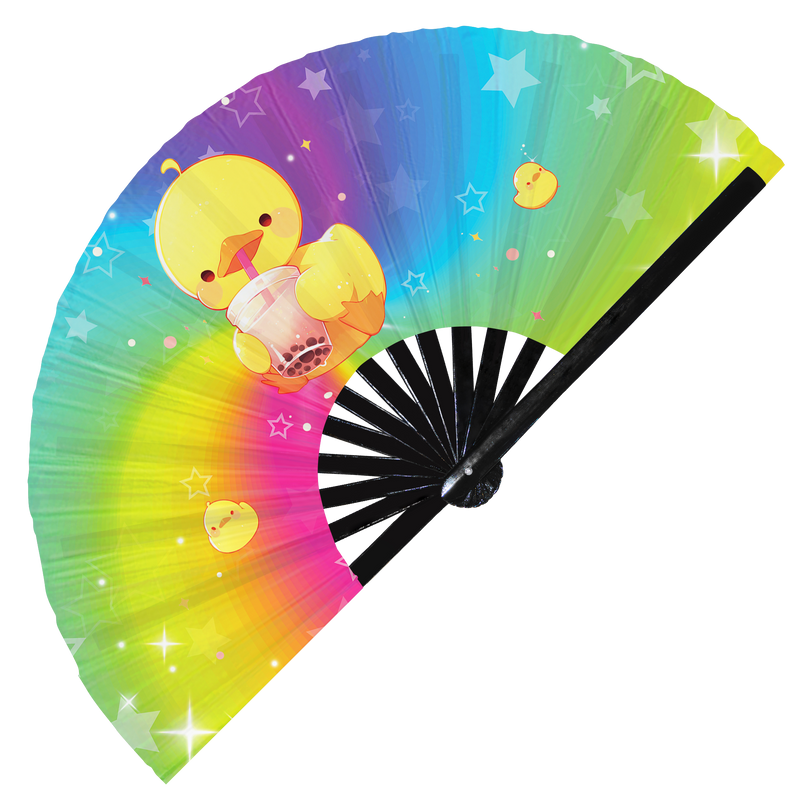 Cute Duck Boba Tea Kawaii | Hand Fan foldable bamboo gifts Festival accessories Rave handheld event Clack fan