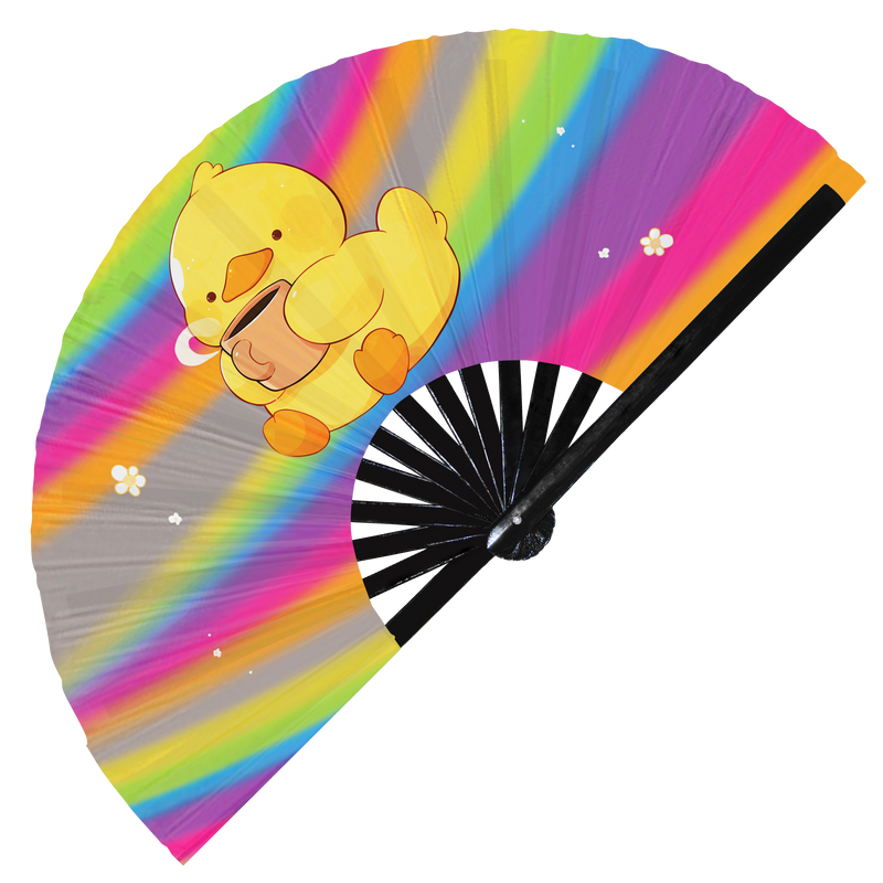 Cute Funny Duck Drinking Coffee Caffeine Cup Fat Duckling | Hand Fan foldable bamboo gifts Festival accessories Rave handheld event