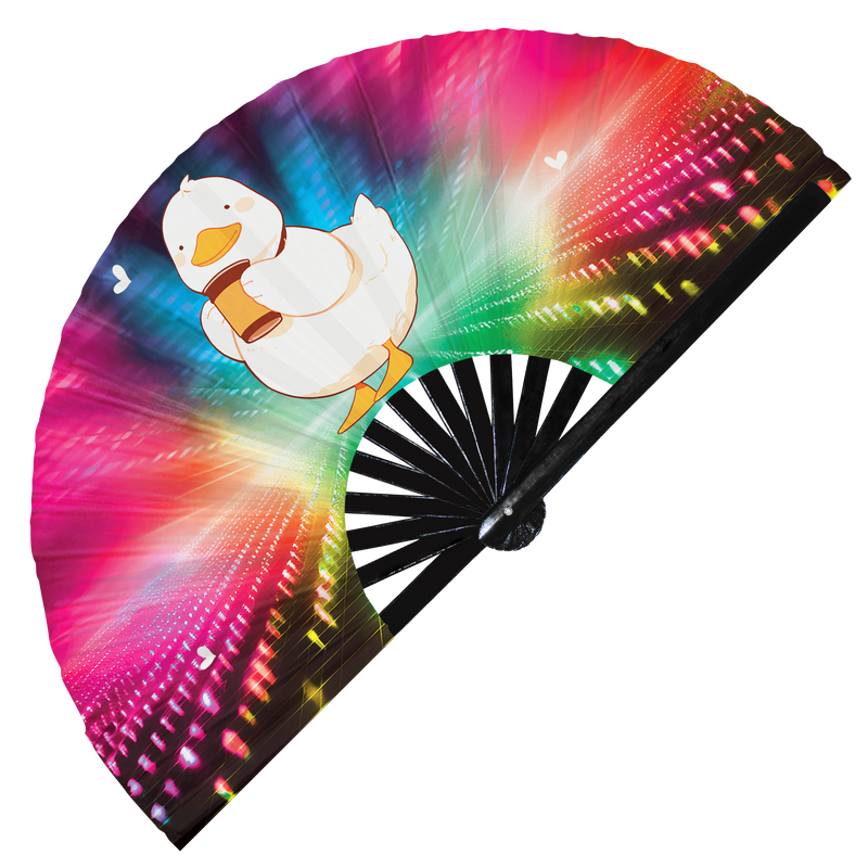 Cute Funny Duck Drinking Coffee Caffeine Cup Fat Duckling | Hand Fan foldable bamboo gifts Festival accessories Rave handheld event