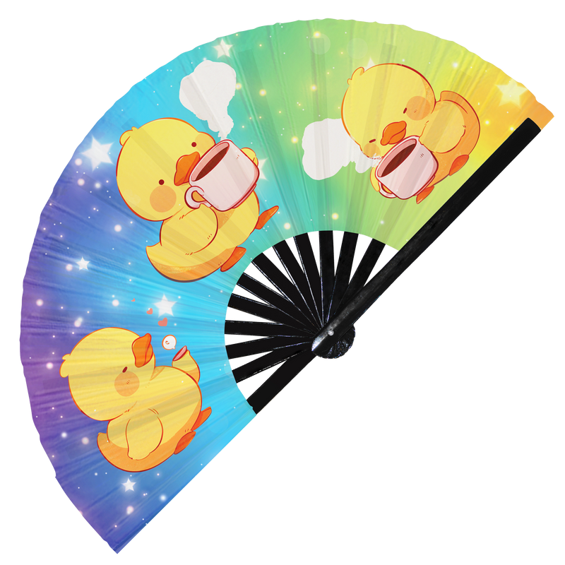 Cute Funny Duck Drinking Coffee Caffeine Cup Fat Duckling | Hand Fan foldable bamboo gifts Festival accessories Rave handheld event