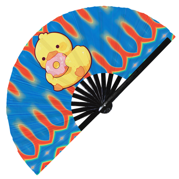 Cute Funny Duck Eating Donut Desserts Fat Duck | Hand Fan foldable bamboo gifts Festival accessories Rave handheld event