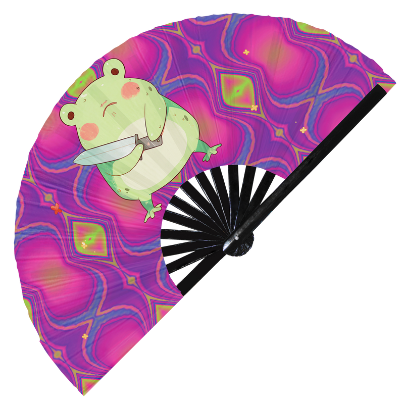 Cute Funny Frog Holding Knife I Choose Violence Murder Toad | Hand Fan - Foldable Bamboo Fan Accessories