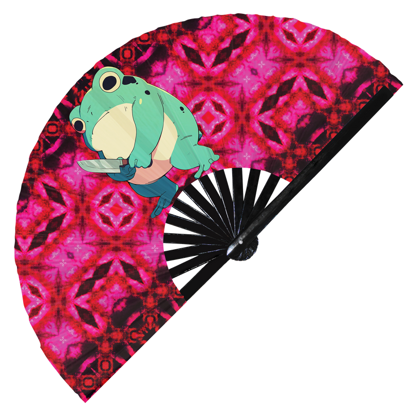 Cute Funny Frog Holding Knife I Choose Violence Murder Toad | Hand Fan - Foldable Bamboo Fan Accessories