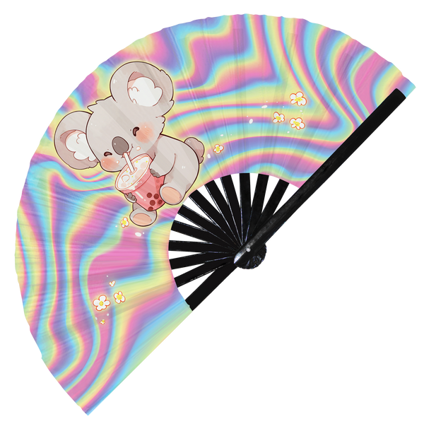 Cute Koala Boba Tea Kawaii | Hand Fan foldable bamboo gifts Festival accessories Rave handheld event Clack fan