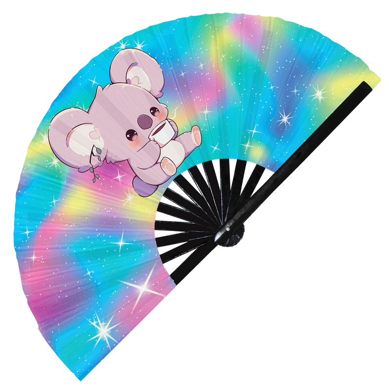 Cute Funny Koala Drinking Coffee Caffeine Cup Fat Koalas | Hand Fan foldable bamboo gifts Festival accessories Rave handheld event