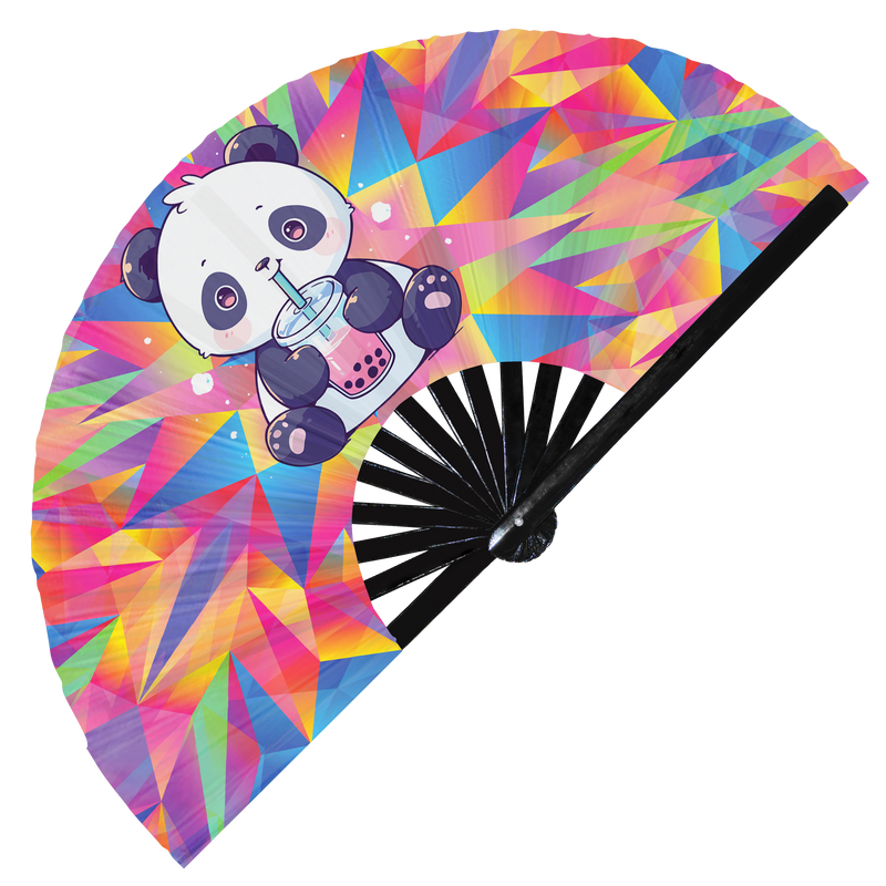 Cute Panda Boba Tea Kawaii | Hand Fan foldable bamboo gifts Festival accessories Rave handheld event Clack fan