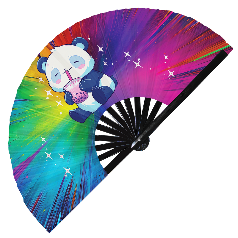 Cute Panda Boba Tea Kawaii | Hand Fan foldable bamboo gifts Festival accessories Rave handheld event Clack fan
