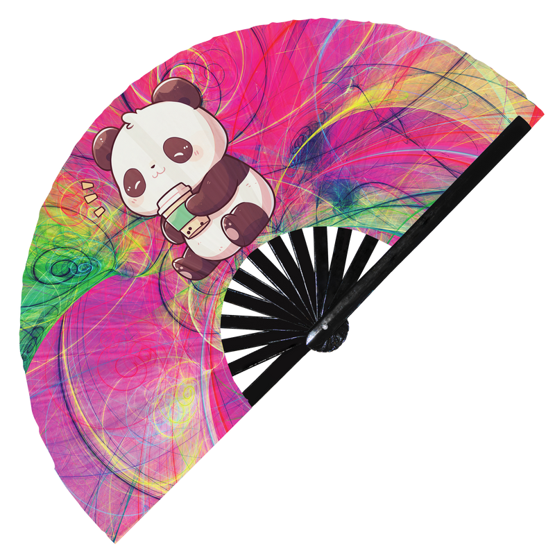 Cute Funny Panda Drinking Coffee Caffeine Cup Fat Pandas | Hand Fan foldable bamboo gifts Festival accessories Rave handheld event