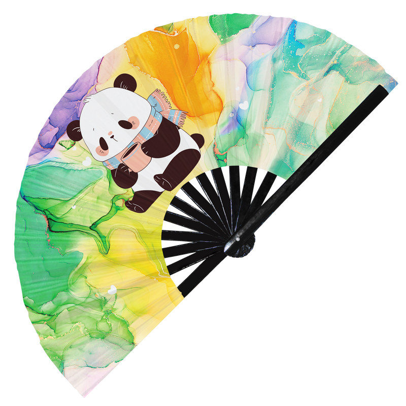 Cute Funny Panda Drinking Coffee Caffeine Cup Fat Pandas | Hand Fan foldable bamboo gifts Festival accessories Rave handheld event