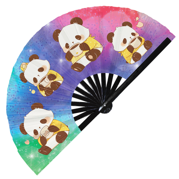 Cute Funny Panda Drinking Coffee Caffeine Cup Fat Pandas | Hand Fan foldable bamboo gifts Festival accessories Rave handheld event