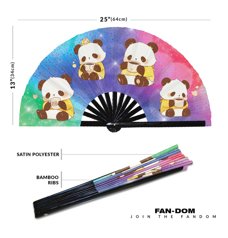 Cute Funny Panda Drinking Coffee Caffeine Cup Fat Pandas | Hand Fan foldable bamboo gifts Festival accessories Rave handheld event