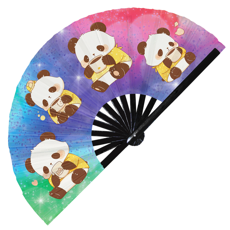 Cute Funny Panda Drinking Coffee Caffeine Cup Fat Pandas | Hand Fan foldable bamboo gifts Festival accessories Rave handheld event