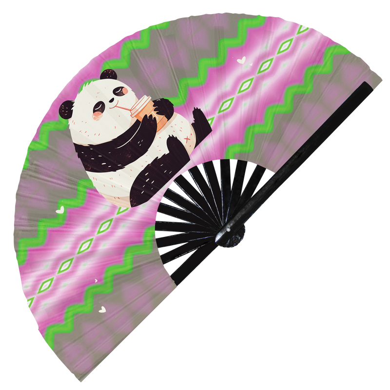 Cute Funny Panda Drinking Coffee Caffeine Cup Fat Pandas | Hand Fan foldable bamboo gifts Festival accessories Rave handheld event