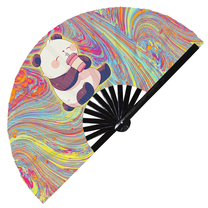 Cute Funny Panda Drinking Coffee Caffeine Cup Fat Pandas | Hand Fan foldable bamboo gifts Festival accessories Rave handheld event