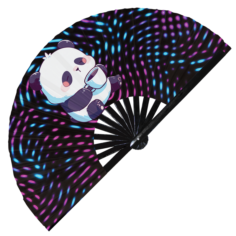 Cute Funny Panda Drinking Coffee Caffeine Cup Fat Pandas | Hand Fan foldable bamboo gifts Festival accessories Rave handheld event