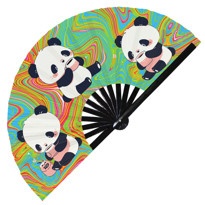 Cute Funny Panda Drinking Coffee Caffeine Cup Fat Pandas | Hand Fan foldable bamboo gifts Festival accessories Rave handheld event