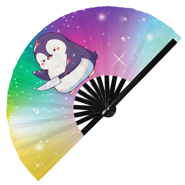 Cute Funny Penguin Holding Knife I Choose Violence Murder Bird  | Hand Fan - Foldable Bamboo Fan Accessories