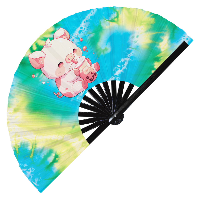 Cute Pig Boba Tea Kawaii | Hand Fan foldable bamboo gifts Festival accessories Rave handheld event Clack fan