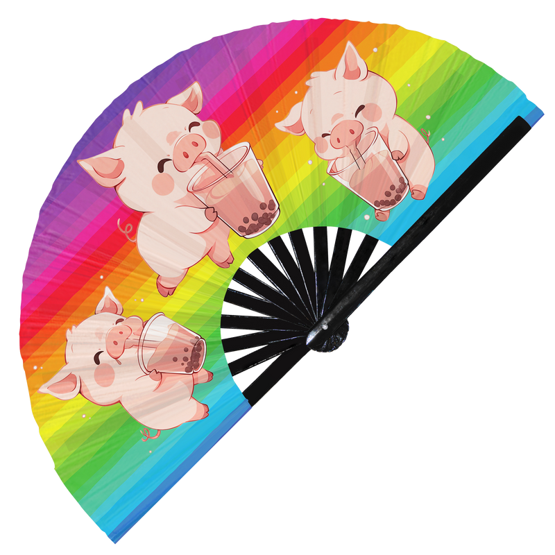 Cute Pig Boba Tea Kawaii | Hand Fan foldable bamboo gifts Festival accessories Rave handheld event Clack fan