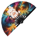 Cute Funny Pig Drinking Coffee Bamboo Hand Fan