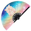 Cute Funny Pig Drinking Coffee Bamboo Hand Fan