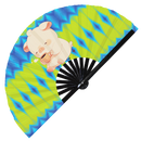 Cute Funny Pig Drinking Coffee Bamboo Hand Fan
