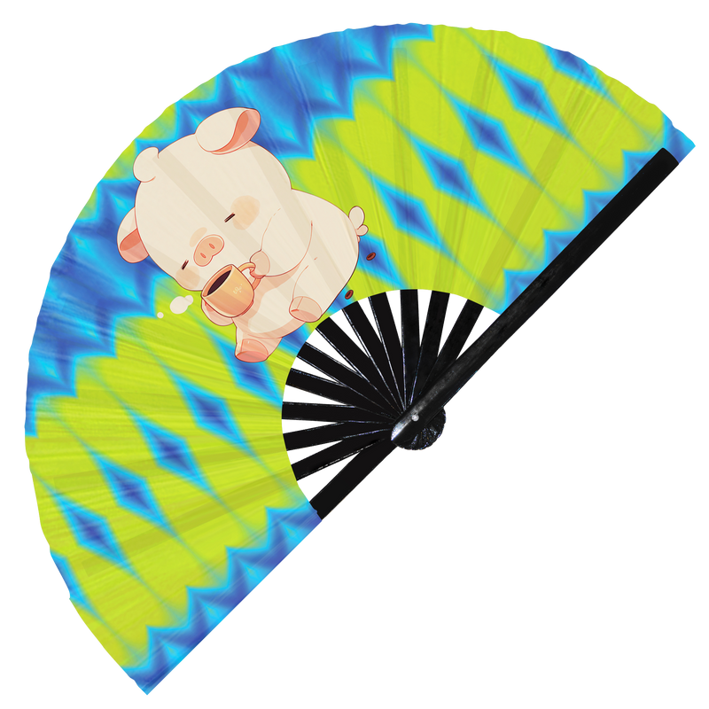 Cute Funny Pig Drinking Coffee Caffeine Cup Fat Piglet | Hand Fan foldable bamboo gifts Festival accessories Rave handheld event