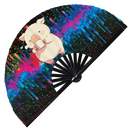 Cute Funny Pig Drinking Coffee Bamboo Hand Fan