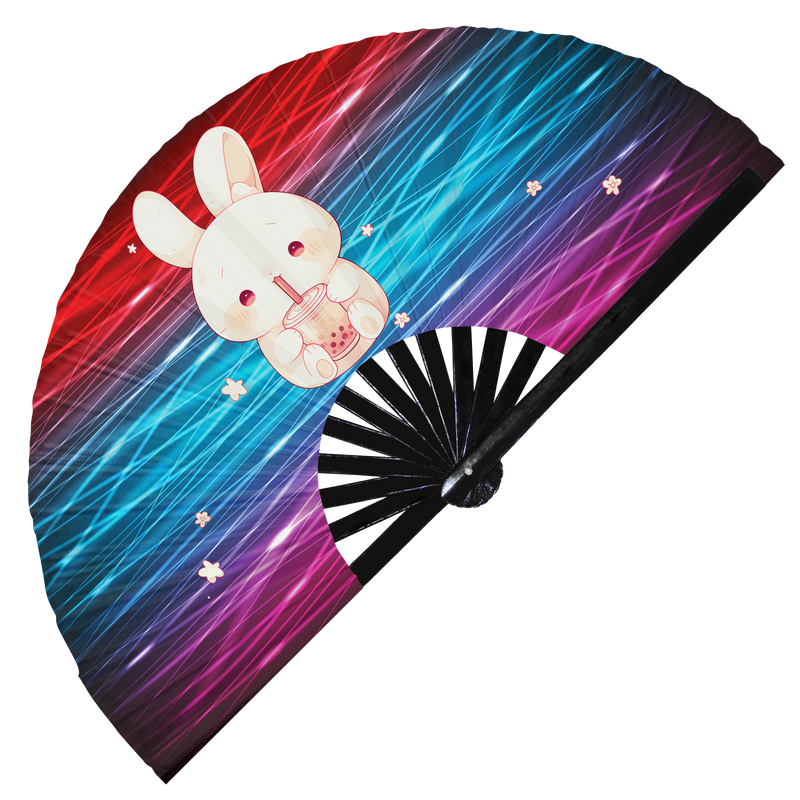 Cute Bunny Rabbit Boba Tea Kawaii Bunnies | Hand Fan foldable bamboo gifts Festival accessories Rave handheld event Clack fan