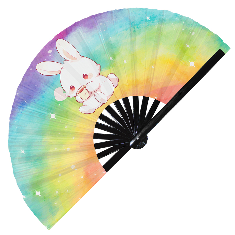 Cute Funny Rabbit Drinking Coffee Caffeine Cup Fat Bunny | Hand Fan foldable bamboo gifts Festival accessories Rave handheld event