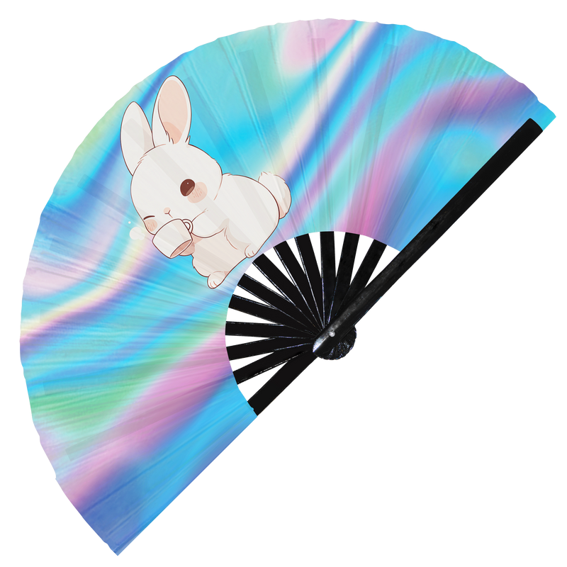 Cute Funny Rabbit Drinking Coffee Caffeine Cup Fat Bunny | Hand Fan foldable bamboo gifts Festival accessories Rave handheld event