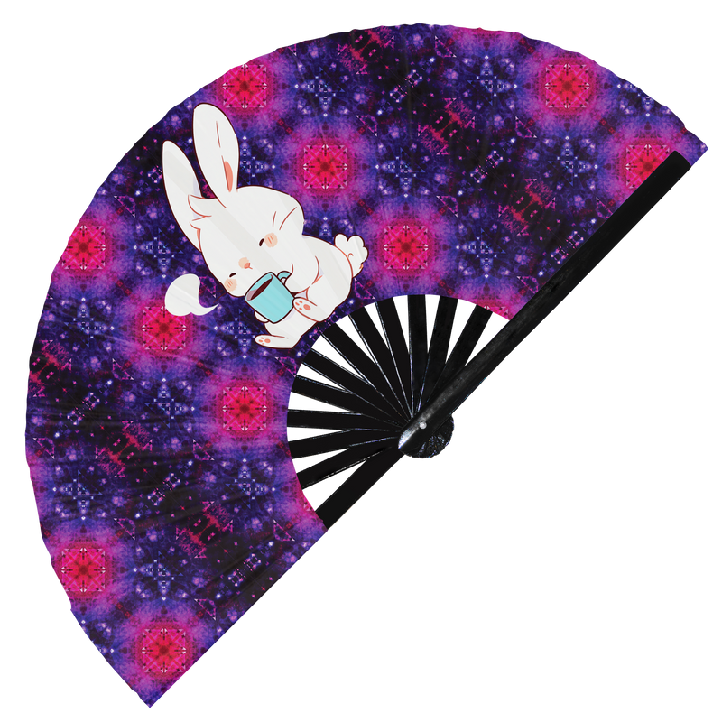 Cute Funny Rabbit Drinking Coffee Caffeine Cup Fat Bunny | Hand Fan foldable bamboo gifts Festival accessories Rave handheld event