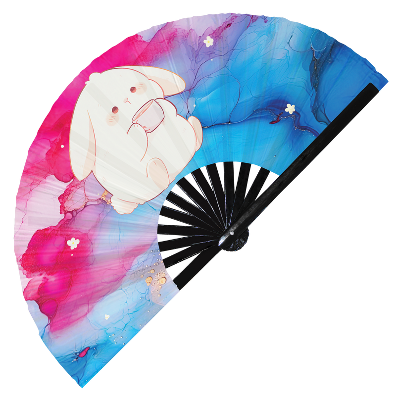 Cute Funny Rabbit Drinking Coffee Caffeine Cup Fat Bunny | Hand Fan foldable bamboo gifts Festival accessories Rave handheld event