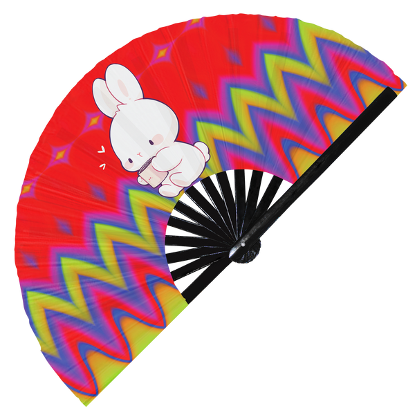 Cute Funny Rabbit Drinking Coffee Caffeine Cup Fat Bunny | Hand Fan foldable bamboo gifts Festival accessories Rave handheld event