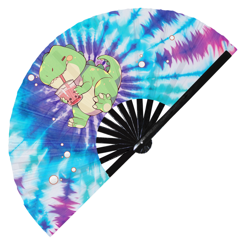 Cute T-rex Dinosaur Boba Tea Kawaii | Hand Fan foldable bamboo gifts Festival accessories Rave handheld event Clack fan