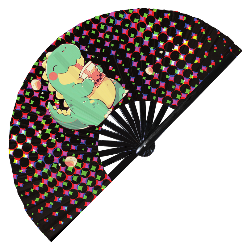 Cute T-rex Dinosaur Boba Tea Kawaii | Hand Fan foldable bamboo gifts Festival accessories Rave handheld event Clack fan