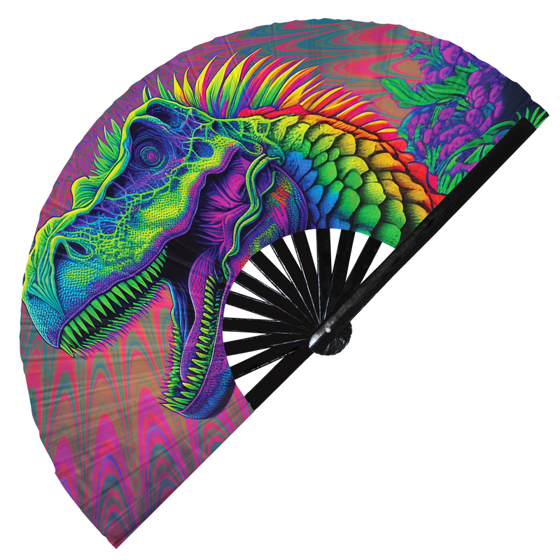 Dinosaur T-Rex Trippy Psychedelic | Hand Fan foldable bamboo gifts Festival accessories Rave handheld event Clack fans
