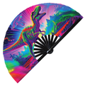 Dinosaur T-Rex Trippy hand fan foldable bamboo circuit rave hand fans Psychedelic Rainbow party gear gifts music festival rave accessories