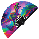 Dinosaur T-Rex Trippy hand fan foldable bamboo circuit rave hand fans Psychedelic Rainbow party gear gifts music festival rave accessories