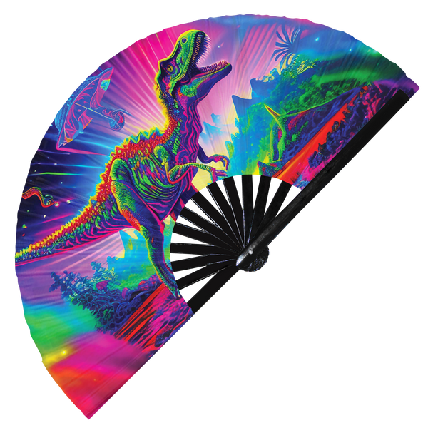 Dinosaur T-Rex Trippy hand fan foldable bamboo circuit rave hand fans Psychedelic Rainbow party gear gifts music festival rave accessories