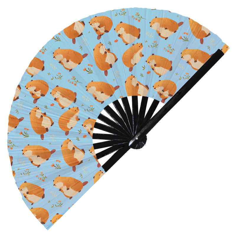 Cute Beaver Pattern Bamboo Hand Fan