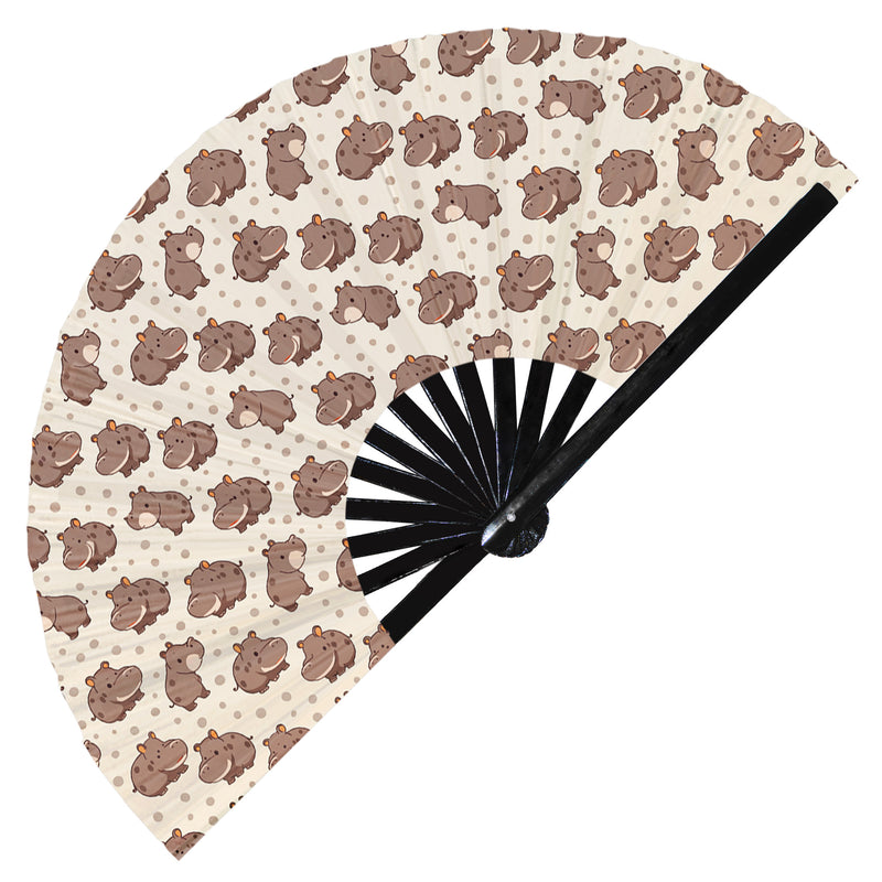 Cute Hippo Pattern Bamboo Hand Fan