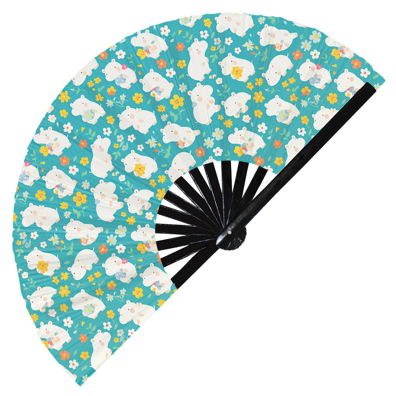 Cute Hippo Pattern Bamboo Hand Fan