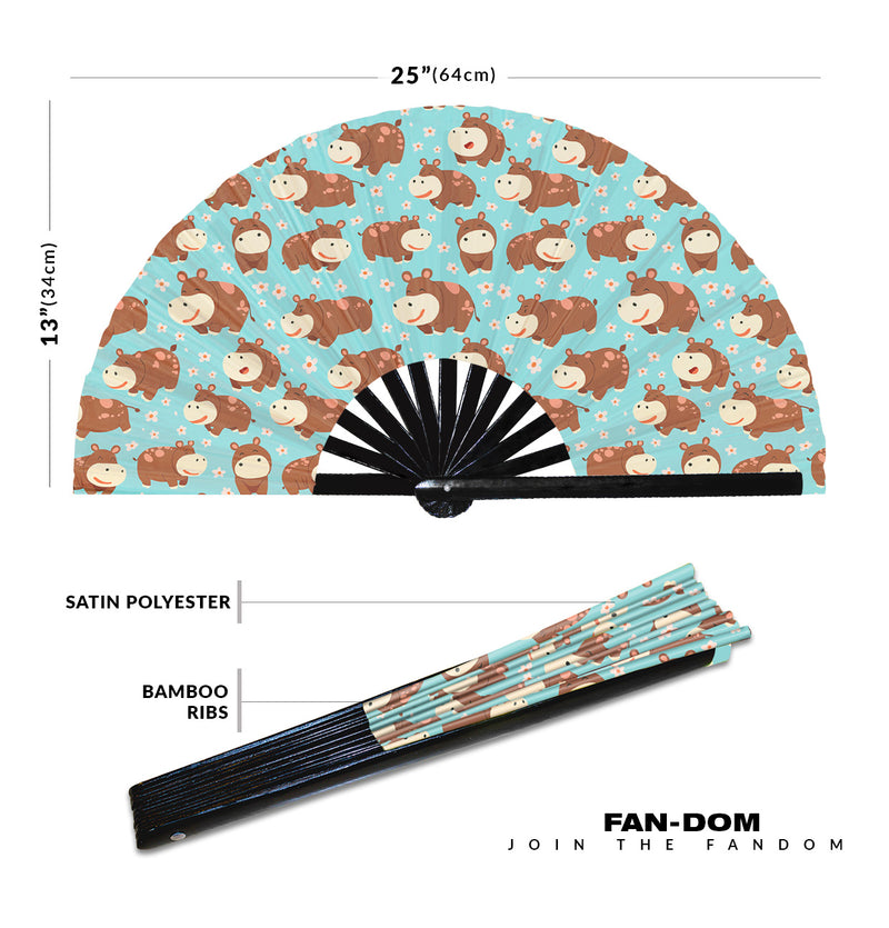 Cute Hippo Pattern Bamboo Hand Fan