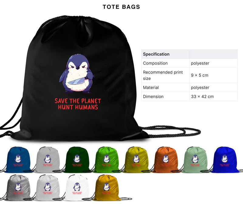 Save The Planet Hunt Humans - Cute Penguin Knife | Editable Text - Custom text shirts, totes and bags