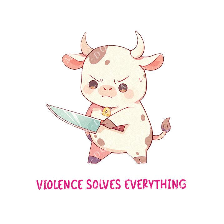 Violence Solves Everything - Cute Cow Knife | Editable Text - Custom text shirts, totes and bags