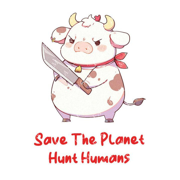 Save The Planet, Hunt Humans - Cute Cow Knife | Editable Text - Custom text shirts, totes and bags